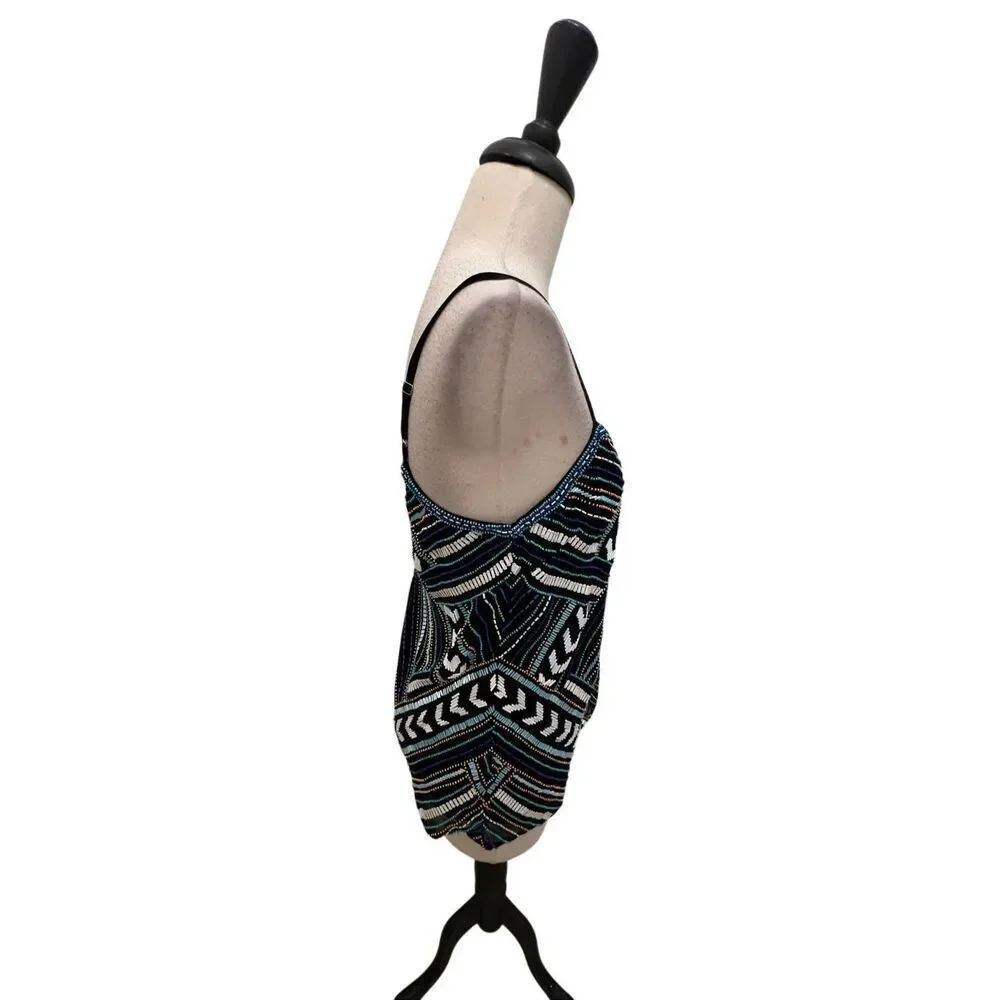 Parker Women's Beaded V-Neck Sleeveless Cutout Cami Tank Top Black Blue Sz Small